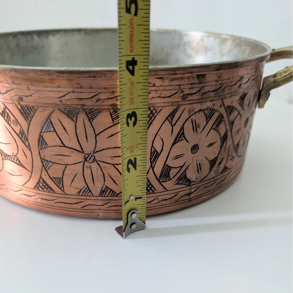 Vintage Vissmarta Hand Hammered Copper Pot Etched Floral Brass Handles Lid 9.5